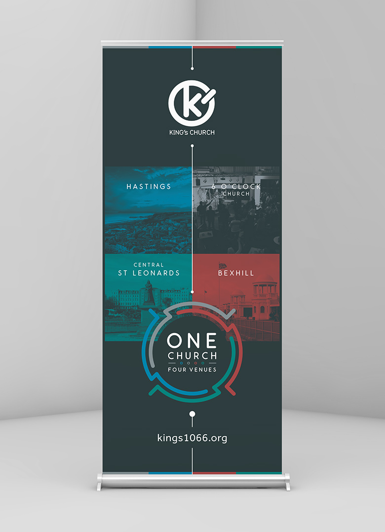Church Roller Banner Design and Print: King's Church – One Church, Four Venues